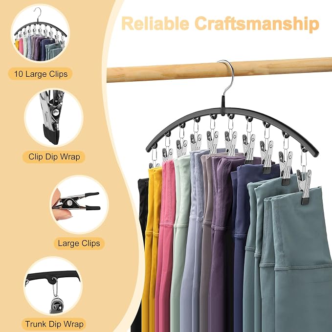 Legging Organizer for Closet, Metal Yoga Pants Hangers 1 Pack w/10 Clips Holds 10 Leggings, Space Saving Hanging Closet Organizer w/Rubber Coated Closet Organizers and Storage, Black