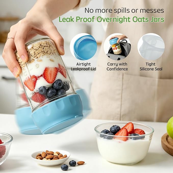 Overnight Oats Containers with Lids & Spoon 4 Pack 16oz, Leak-Proof Glass Over night Oat Jars with Divided Compartments for Fruit & Nuts, Meal Prep Mason Jars for Oatmeal Yogurt Chia Seed Pudding