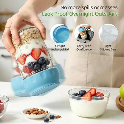 Overnight Oats Containers with Lids & Spoon 4 Pack 16oz, Leak-Proof Glass Over night Oat Jars with Divided Compartments for Fruit & Nuts, Meal Prep Mason Jars for Oatmeal Yogurt Chia Seed Pudding