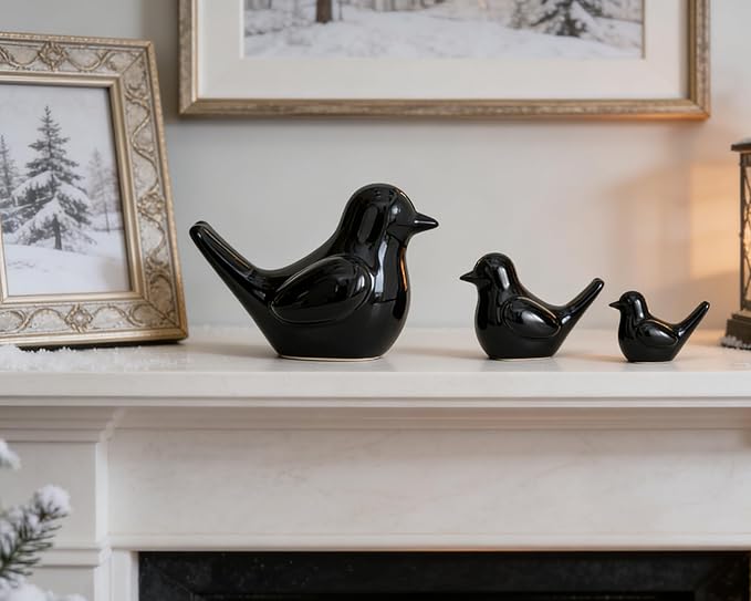 Artconal Small Black Bird Statue Ceramic 2-Piece Set, 3¾ inch Cute Knick Knack for Home Office Shelf Desk Decor