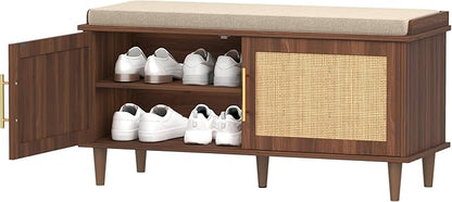 Akxomel Rattan Shoe Storage Bench with Cushion, 2-Tier Entryway Bench with Adjustable Shelves and 2 Doors, 15" D x 39.4" W x 20" H, Solid Wood Legs, for Hallway, Living Room, Bedroom, Walnut