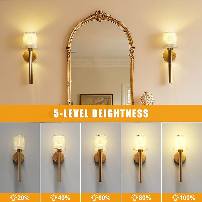 Battery Operated Wall Sconces Set of 2, 5200mAh Gold Rechargeable Wall Lights with 3 Color, Remote Control & Timer Function for Bedroom Living Room Hallway Decor
