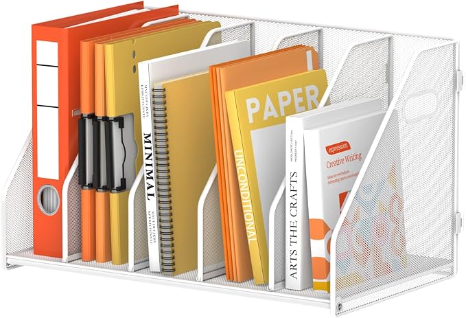 SUPEASY Binder Organizer, Magazine File Holder with 5 Vertical Compartments Rack, Metal Desk File Organizer & Binder Holders, Magazine Organizers for Office Desktop, Home, School,Classroom (White)