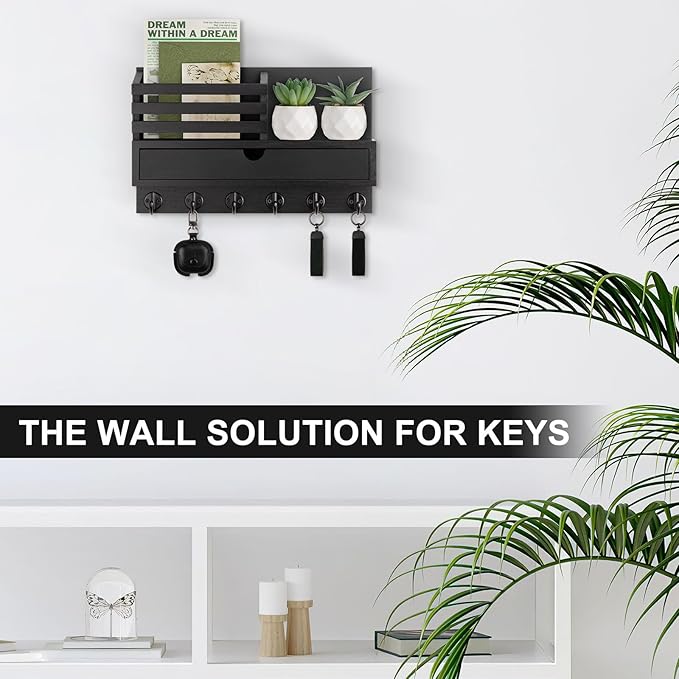 Key Holder Wall Mount, Mail Holder with Storage Drawer and 6 Key Hooks for Coat, Dog Leash, Home Decor Rack, House Accessories, Entry Way Organizer