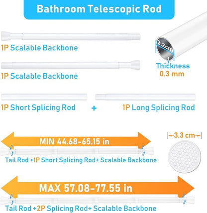 MEXAU Shower Curtain Rod 45-77 Inch White Shower Rod 7/8" Tension Curtain Rod Adjustable Curtain Rods No Drilling Shower Tension Rod Shower Curtain Tension Rod for Bathroom Windows Doorways