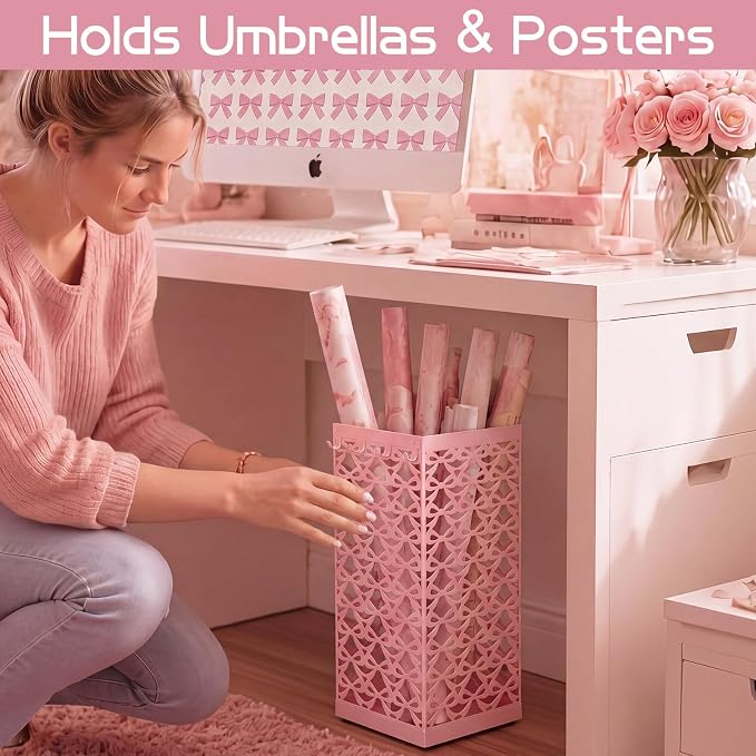 Hicarer Pink Bow Umbrella Stand Metal Umbrella Holder with Removable Drip Tray & 4 Hooks for Entryway Cute Coquette Square Freestanding Walking Sticks Storage Bin for Home Hallway, 16 x 6.3 x 6.3 Inch