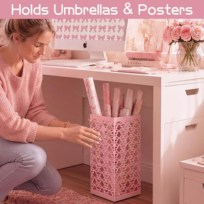 Hicarer Pink Bow Umbrella Stand Metal Umbrella Holder with Removable Drip Tray & 4 Hooks for Entryway Cute Coquette Square Freestanding Walking Sticks Storage Bin for Home Hallway, 16 x 6.3 x 6.3 Inch