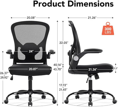 Ergonomic Office Chair, Computer Desk Chair with Adjustable Lumbar Support, Breathable Mesh Office Chair with Flip-up Armrests, Rocking Function, Comfy Home Office Desk Chair, Black