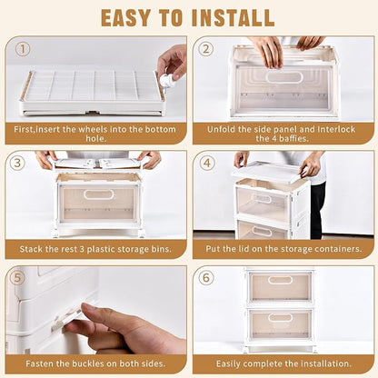 Freebat 4-Tier Stackable Storage Bins with Lid, 23QT Storage Containers,Clear Foldable Plastic Drawer Storage on Wheels,Closet Organizers and Storage for Living Room,Bedroom,Office,Dorm