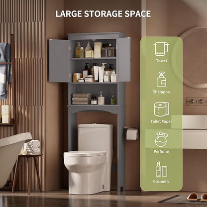 Gizoon Over The Toilet Storage Cabinet with Adjustable Shelf and Double Doors, Bathroom Space Saver Organizer Above Toilet with Open Shelf, Taller Wooden Free Standing Toilet Rack -Grey