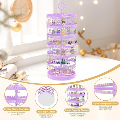 MODOWEY 6 Tier Rotating Earring Holder Organizer Display Tree with Metal Tray, Adjustable Plastic Stand with 342 Slots for Stud Hoop Hanger, Large Capacity Storage Rack for Women, Purple