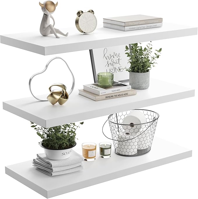 JPND Wall Shelf Set of 3, White Floating Shelves 30 in W x 10 in D x 1 in H, Wooden Floating Wall Shelf with Invisible Brackets for Living Room/Bedroom/Bathroom/Kitchen Storage and Decor