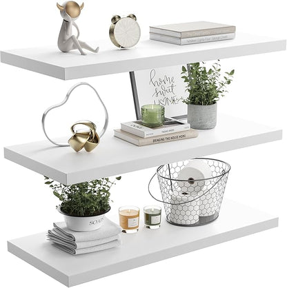 JPND Wall Shelf Set of 3, White Floating Shelves 30 in W x 10 in D x 1 in H, Wooden Floating Wall Shelf with Invisible Brackets for Living Room/Bedroom/Bathroom/Kitchen Storage and Decor