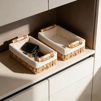 Baskets for Organizing, Set of 2 Natural Water Hyacinth Bathroom Countertop Baskets with Liner, Wicker Basket Organizer with Wooden Handles for Vanity, Counter, Shelf Storage