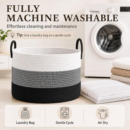 JMvicyroam 115L Extra Large Blanket Basket for Living Room - Woven Cotton Rope Laundry Hamper with Reinforced Handles - Storage Bin for Pillows, Comforters & Toys - Machine Washable,White&Black Mix