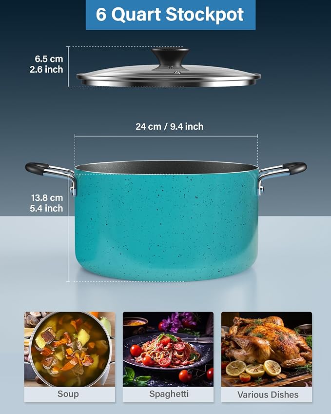 Cook N Home Professional 6 Quart Nonstick Stock Pot with Lid, Riveted Handles, Soup Pot for Holiday Feasts, Stockpot with Even Heating, Induction Cookware, Oven & Dishwasher Safe, Turquoise
