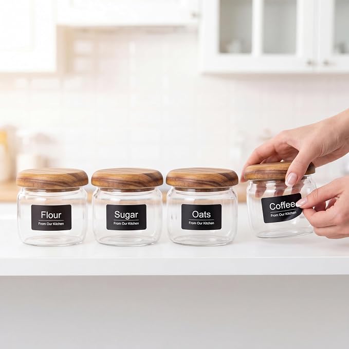 4-Pack 10 fl oz Wide Mouth Mason Jars with Spoon & Labels, Acacia Wood Lids, Press Seal, No Plastic, for Food, Snacks, Candy, Fruits, Coffee Beans, Spices & Dry Storage, Pantry Organizer.