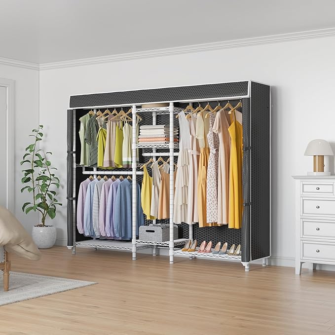 VIPEK Classic V6C Heavy Duty Covered Clothes Rack 5 Tiers Wire Garment Rack Large Size Wardrobe Closet White Metal Clothing Rack with Black Oxford Cover, 70.1" L x 17.3" W x 76.4" H, Max Load 870 LBS