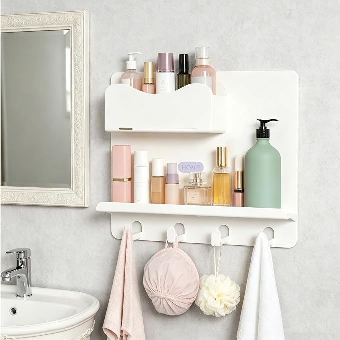 Bedside Shelf Wall Mount, Adhesive Bedside Shelf Accessories Organizer with Hooks and Cable Clips,Dorm Bedside Wall Storage for Phone, Remote, Earphone,Plastic (White)