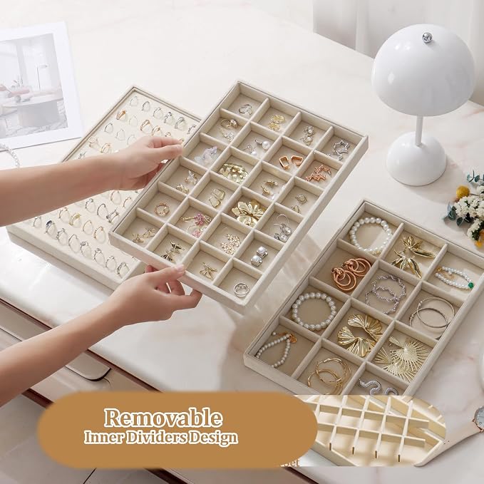 Large Velvet Jewelry Tray 2 Pack Stackable Jewelry Display Drawer Inserts Trays Organizer for Earring Bracelet Necklace Ring (Beige, 12 Grids+24 Grids)