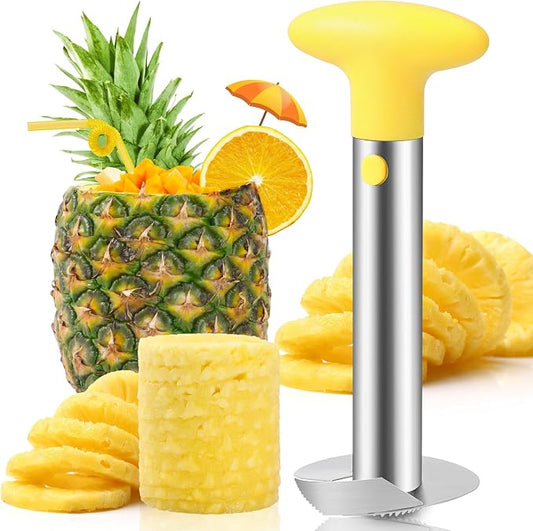 AUBENR Premium Pineapple Corer and Slicer Tool - Sharp Pineapple Cutter with Serrated Tips - Easy to Use and Clean - Stainless Steel Core Remover for Pineapple - Core Fruits with Ease(Yellow)