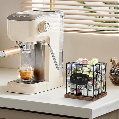 Coffee Pod Holder Organizer,Large Capacity K Cup Holder Organizer, Storage Basket for Kitchen Countertop Office Coffee Bar with Wooden Base(Rustic Brown-Square)