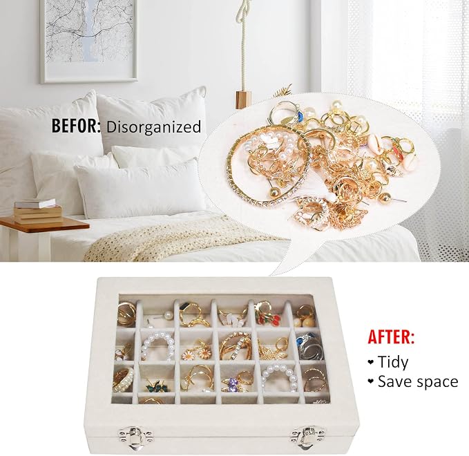 Vicoter Velvet Jewelry Box 24 Grid Jewelry Ring Display Organiser Box Tray Holder Earrings Storage Case for Girls Wife Mom Women (Beige)