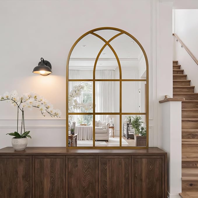 Arched Window pane Wall Mirror 30"x48", Window Shaped Farmhouse Style with Aluminum Frame, Decorative Wall Mirror Leaning Hanging for Living Room, Courtyard, Bedroom, Entryway, Bronze