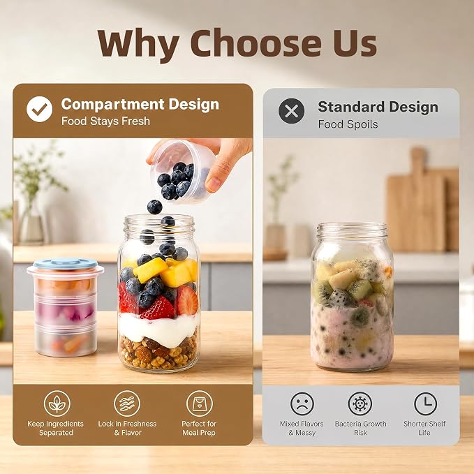 TQRR 32 OZ 4 Pack Overnight Oats Containers with Lids, Glass Storage Jar with Dry and Wet Separation, Leakproof Wide Mouth Mason Jars, Glass Jars with a Handle for Salads,Yogurt (2, Blue & Purple)