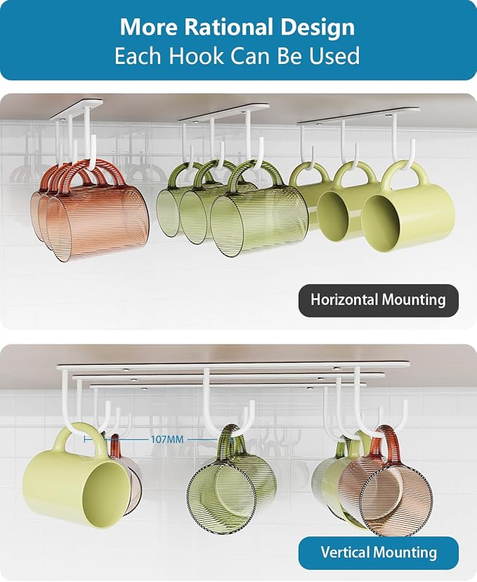 Luckinow 3 Pack Mug Hooks Under Cabinet, Coffee Mug Holder for Hanging Under Shelf, Cup Hanger with 9 Hooks for Displaying Mugs, Coffee Cups and Kitchen Utensils, White