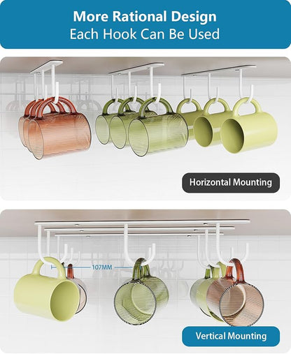 Luckinow 3 Pack Mug Hooks Under Cabinet, Coffee Mug Holder for Hanging Under Shelf, Cup Hanger with 9 Hooks for Displaying Mugs, Coffee Cups and Kitchen Utensils, White