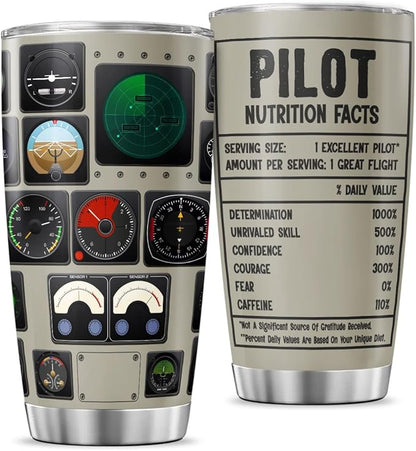 Pilot Nutrition Facts Tumbler Gift for Men, Aviation Panel Design 20oz Stainless Steel Cup, Funny Flight Coffee Mug for Pilot, Dad, Son, Husband, Birthday or Christmas
