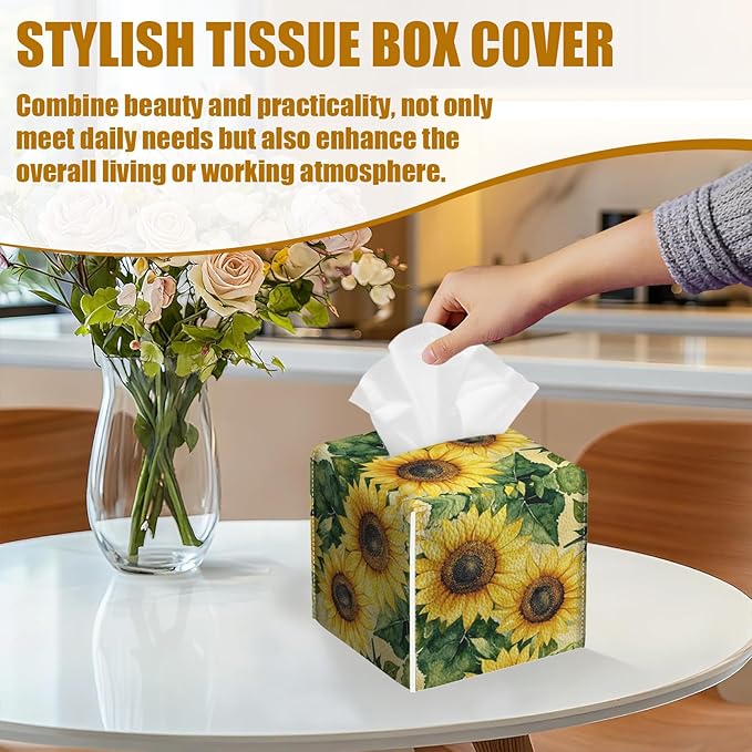 Watercolor Sunflower Tissue Box Cover 2PCS, Leather Tissue Box Holder Square Facial Paper Case Tissue Box Cube Organizer for Bathroom Bedroom Desk Office