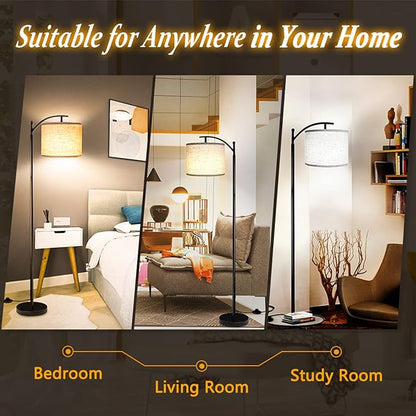 Floor Lamp with 3CCT LED Bulb, Gray Linen Lamp Shade for Living Room, Modern Standing Lamp for Bedrooms - Black