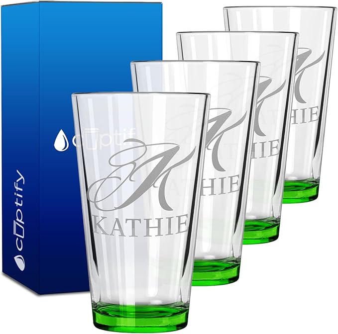 Personalized Beer Glasses Set of 4 Engraved Green 16oz Pint Glasses for Men & Women, Custom Drinking Gift for Birthdays, Weddings, Father’s Day & More