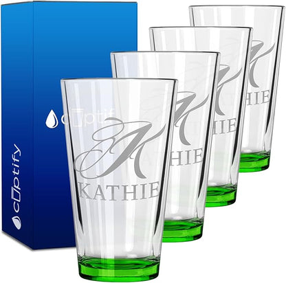Personalized Beer Glasses Set of 4 Engraved Green 16oz Pint Glasses for Men & Women, Custom Drinking Gift for Birthdays, Weddings, Father’s Day & More