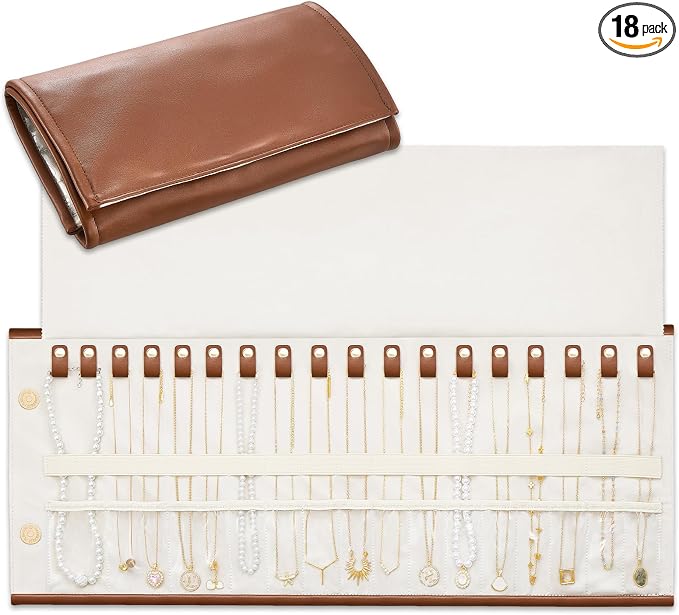 Lolalet Travel Necklace Organizer, Tangle-Free Necklace Case for Travel, Foldable Roll Up Jewelry Storage Bag for Necklaces Chains Bracelets, Caramel, 18 Slots Holder