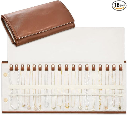 Lolalet Travel Necklace Organizer, Tangle-Free Necklace Case for Travel, Foldable Roll Up Jewelry Storage Bag for Necklaces Chains Bracelets, Caramel, 18 Slots Holder