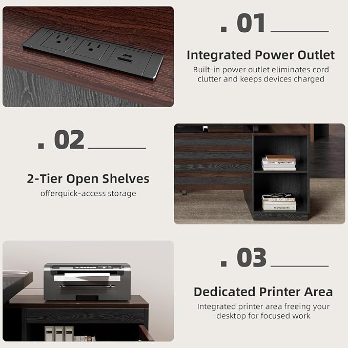L Shape Executive Desk with Drawers and Storage Cabinet, Wooden Executive Office Desk for Home, Large Computer Table with Lateral File Cabinet for Studio, Dark Brown Black