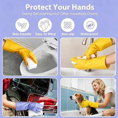 Rubber Kitchen Dishwashing Gloves - 4 Pairs Colorful Reusable Cleaning Gloves for Kitchen Washing Dishes and Household Cleaning (Medium, Yellow+Blue)
