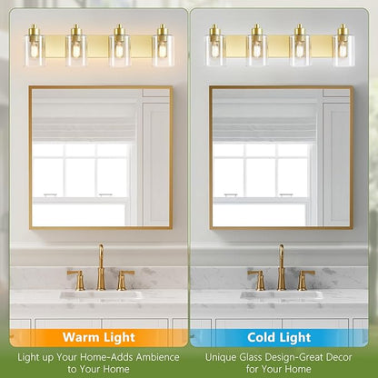 Gold Bathroom Light Fixtures,Gold Vanity Light Wall Sconces,4-Light Bathroom Lights Over Mirror with Clear Glass Shade for Kitchen Living Room Bedroom