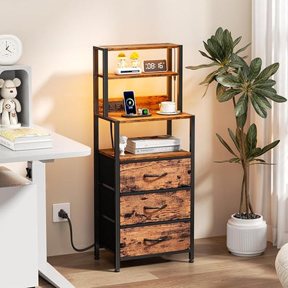 Furnulem Night Stand, Tall Nightstand with 4-Tier Shelves and 3 Fabric Drawers, LED Bed Side Tables with Charging Station, Bedside Table for Bedroom, Hallway, Office, Rustic Brown