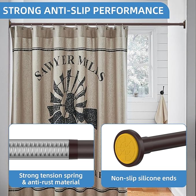 CorkLatta Matte Bronze Shower Curtain Rod,1 Inch Diameter Stainless Steel Adjustable Spring Tension Rods 32 to 92",with Holders,Anti-Slip,Curtain Rods No Drilling(1 Pack)