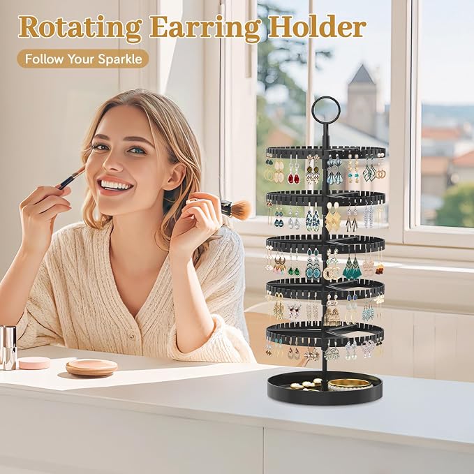 MODOWEY 5 Tier Rotating Earring Holder Organizer Display Tree with Metal Tray, Adjustable Plastic Stand with 285 Slots for Stud Hoop Hanger, Large Capacity Storage Rack for Women Space Saving, Black