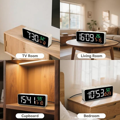 Netzu 3-in-1 Small Digital Clocks for Living Room with Temperature, Date & Time Display - 4 Levels Birghtness, 3 Volumes, Compact Plug-in Alarm Clock for Bedroom, Office (White)