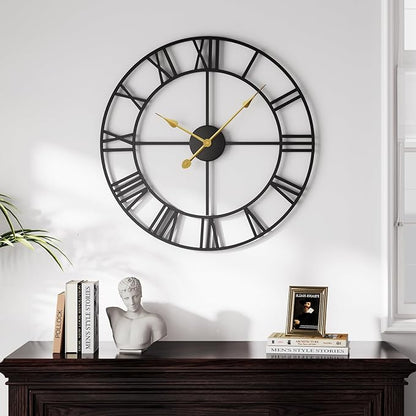 Cuspin 20 Inch Wall Clock Large Clock Battery Operated, Black Metal Round Wall Clocks Modern Silent Non-Ticking Decorative Clock for Living Room Bedroom - Roman Numerals