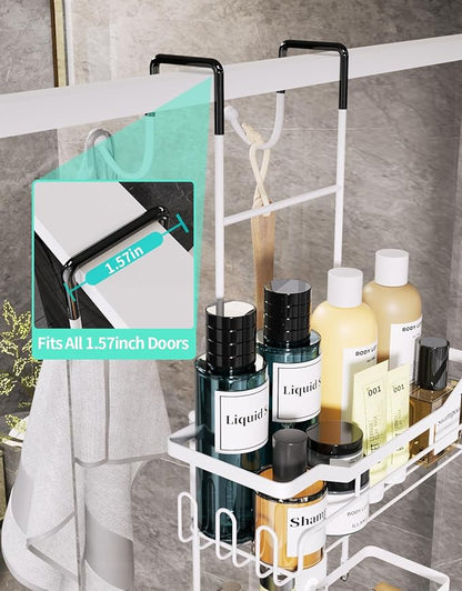 HapiRm Hanging Shower Caddy Over the Door with Soap Holder, No Drilling Adhesive Shower Organizer with 11 Hooks, Rustproof & Waterproof 304 Stainless Steel Bathroom Shelves - White
