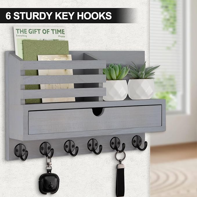 Key Holder Wall Mount, Mail Holder with Storage Drawer and 6 Key Hooks for Coat, Dog Leash, Home Decor Rack, House Accessories, Entry Way Organizer