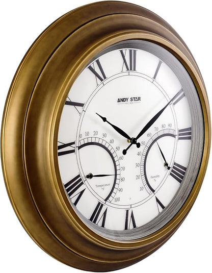 ANDY STAR 24 Inch Outdoor Clocks Waterproof,Large Outdoor Wall Clocks for Patio with Thermometer Combo, Illuminated Indodor Metal Clock Battery Operated Non Ticking, House Warming Gifts Gold Finish