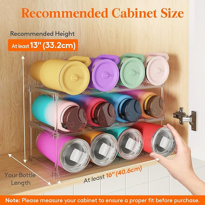 Lifewit Stackable Bottle Storage Organizer, Clear Freestanding Wine Holder for Cabinet, Large Slot Water Bottle Tumbler Cup Organizer for Pantry, Plastic Wine Rack for Fridge Cellar, 3Tier Hold 12